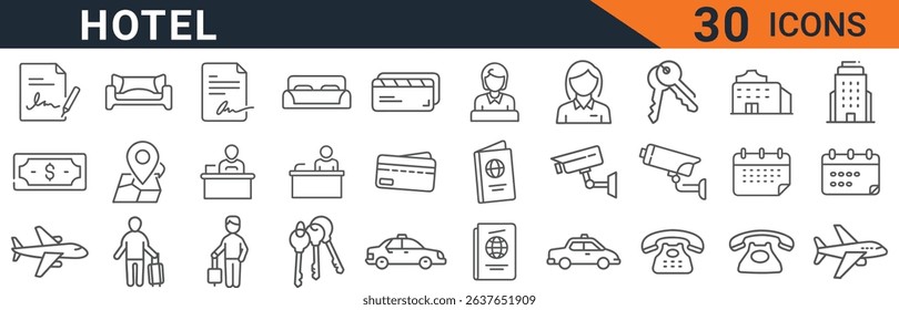 this is a set of hotel icons in a vector format. the icons include a bed, reception desk, passport, credit card, security camera, calendar, airplane, taxi, telephone, and hotel key. 