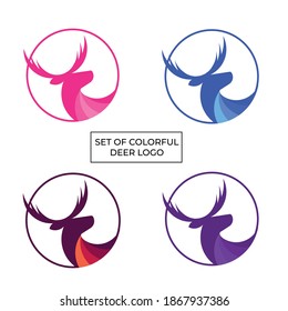 This is a set of hunting logo which is made with deer. Here is different types of color. This is vector illustration. This is minimal abstract and modern.