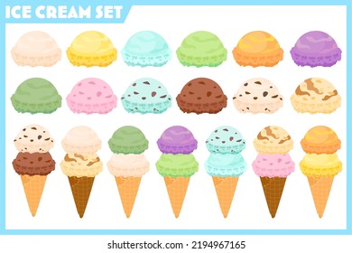 This is a set of ice cream clip art.Colorful flavored ice cream and ice cream on a waffle cone are available. The illustrations are vector-based, so you can easily adjust the colors and modify them.