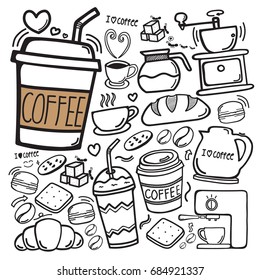 This is set of icon doodle hand drawing coffee and equipment with dessert and bread. vector illustration isolate on white background.