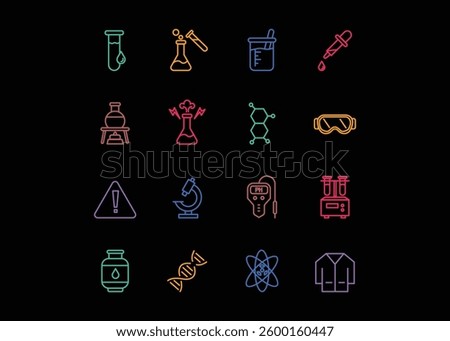 This is a set of icons for the Chemistry Lab. The icons include Test Tube, Beaker, Molecule Structure, Microscope Editable stroke. Vector illustration