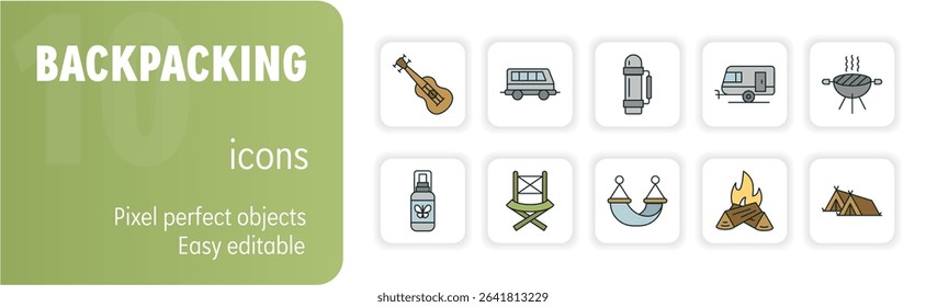 This set of icons depicting various aspects of backpacking is perfect for illustrating travel, camping, and outdoor adventure