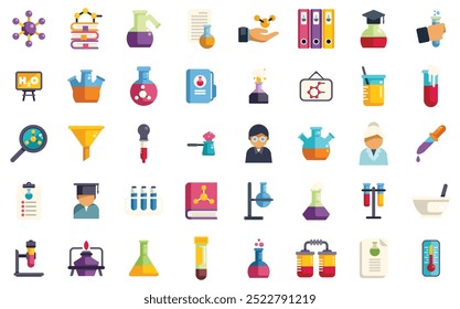 Este conjunto de ícones retrata equipamentos de laboratório de química, pesquisadores trabalhando com substâncias químicas e outras imagens relacionadas