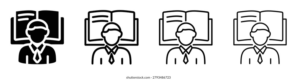 This set of icons depicts a stylized figure engaged in reading, symbolizing learning, study, and intellectual pursuit