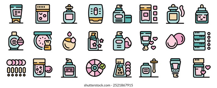 Este conjunto de ícones retrata uma variedade de produtos de beleza e tratamentos, enfatizando uma abordagem holística para cuidados com a pele