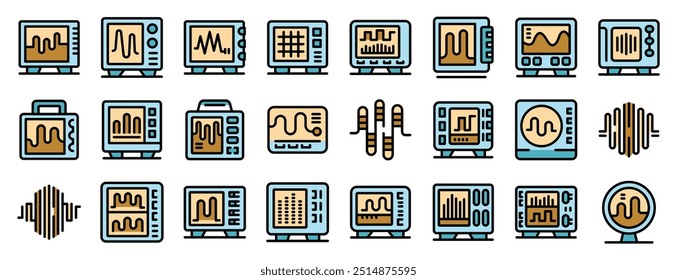 Dieser Satz von Symbolen zeigt verschiedene Oszilloskope, elektronische Testinstrumente, die zur Visualisierung und Messung elektrischer Signale als Wellenformen verwendet werden