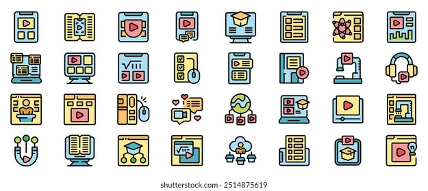 Este conjunto de ícones retrata vários aspectos da educação online, apresentando plataformas de aprendizagem digital, tutoriais em vídeo, exercícios interativos e muito mais
