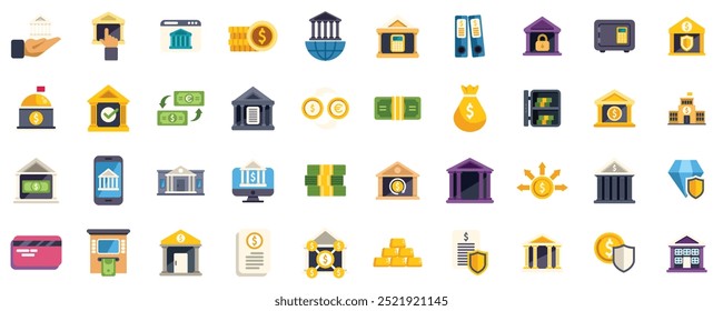 This set of icons depicts various aspects of banking, finance, and wealth management, ideal for illustrating financial concepts