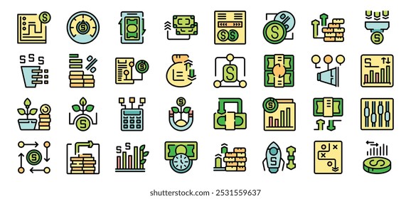 This set of icons depicts various aspects of money management, emphasizing investment strategies and financial growth