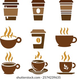 This set of icons depicts various coffee-related items, including take-out cups, and hot coffee mugs. EPS-10.