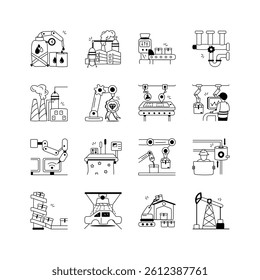 This set of icons depicts various aspects of modern industrial automation and manufacturing processes
