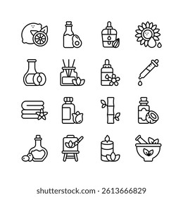 This set of icons depicts various spa and aromatherapy elements, ready for premium use