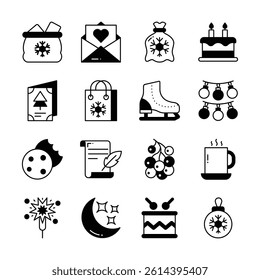 This set of icons depicts various winter holiday elements, including gifts, decorations, treats, and activities