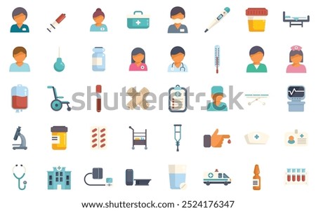 This set of icons depicts various aspects of healthcare and medical treatment