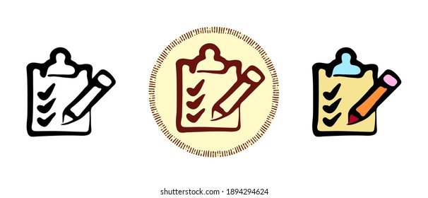This is a set of icons with different checklist styles. Outline, colors and retro checklist symbols. Freehand drawing, doodles. Stylish solution for website and label.