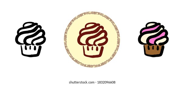 This is a set of icons with different cupcake styles. Contour, color and retro cupcake symbols. Freehand drawing, doodles. Stylish solution for website and label.