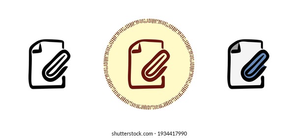 This is a set of icons with different file styles with attachments. Outline, color and retro document symbols with paper clip. Freehand drawing, doodles. Stylish solution for website and label.