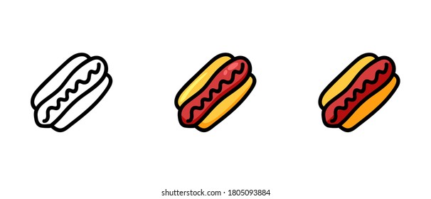 Este es un conjunto de iconos con diferentes estilos de hotdog. Esquema y símbolos de color de un perro caliente. Dibujo a mano libre. Solución elegante para un sitio web.