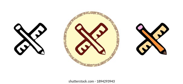 Este es un conjunto de iconos con diferentes estilos de lápiz y regla. Borde de lápiz y regla, colores y símbolos retro. Dibujo a mano libre, garabatos. Solución elegante para el sitio web y la etiqueta.