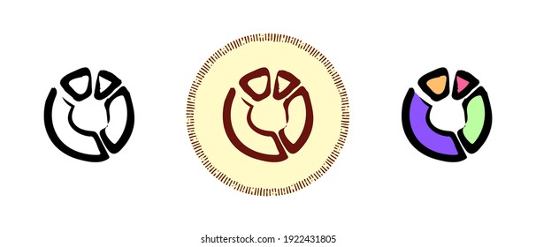 This is a set of icons with different pie chart styles. Outline, color and retro pie chart symbols. Freehand drawing, doodles. Stylish solution for website and label.