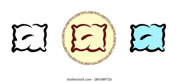 This is a set of icons with different pillow styles. Pillow outline, colors and retro symbols. Freehand drawing, doodles. Stylish solution for website and label.