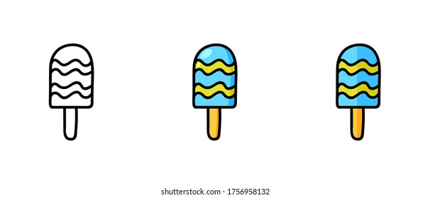 This is a set of icons with different popsicle styles. Contour and color popsicle symbols. Freehand drawing. Stylish web site solution.