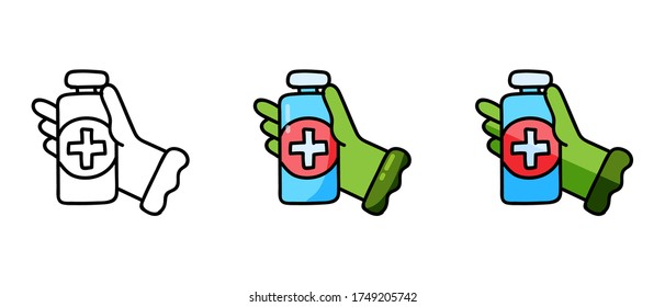 This is a set of icons with a different style of gloves with potion. Contour and green glove symbols with potion. Stylish web site solution.