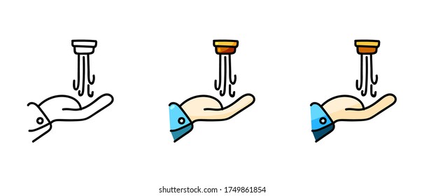 Este es un conjunto de íconos con diferentes estilos de mano bajo los chorros de agua. Contorno y símbolos verdes de la mano bajo los chorros de agua. Solución elegante de sitios web.