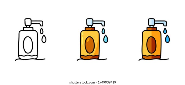Este es un conjunto de iconos con un estilo diferente de sanitizer. Símbolos de contorno y sanitizador verde. Dibujo a mano libre. Solución elegante de sitios web.