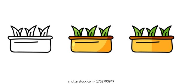 Este es un conjunto de iconos con un estilo diferente de brotes en un contenedor. Los símbolos de contorno y color brotan en el contenedor. Dibujo a mano libre. Solución elegante de sitios web.