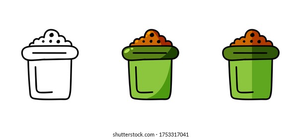  Este es un conjunto de íconos con un estilo diferente de suelo en una olla. Contorno y símbolos de color de la tierra en una olla. Dibujo a mano libre.  