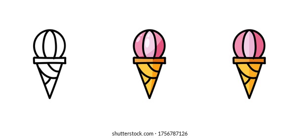 This is a set of icons with different style of ice cream cones. Contour and color ice cream cone symbols. Freehand drawing. Stylish web site solution.