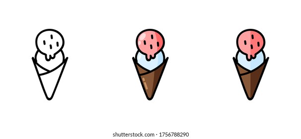 This is a set of icons with different style of ice cream cones. Contour and color ice cream cone symbols. Freehand drawing. Stylish web site solution.