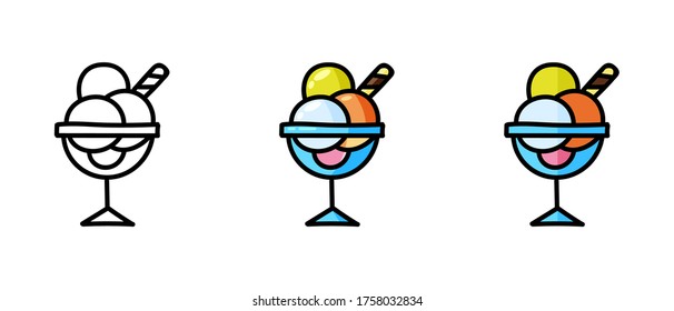 This is a set of icons with different style of ice cream balls. Contour and color symbols of ice cream balls. Freehand drawing. Stylish web site solution.