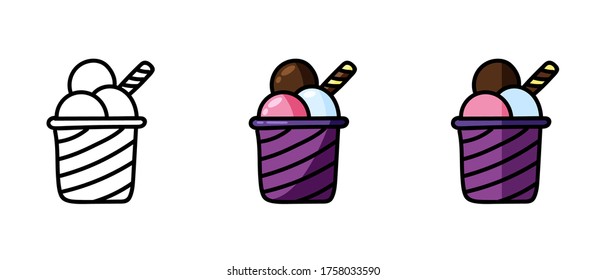 This is a set of icons with different style of ice cream balls. Contour and color symbols of ice cream balls. Freehand drawing. Stylish web site solution.