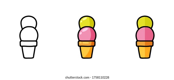 This is a set of icons with different style ice cream in a waffle cup. Contour and color ice cream symbols in a waffle cup. Freehand drawing. Stylish web site solution.