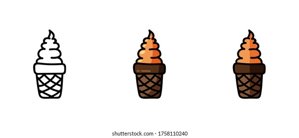This is a set of icons with different style ice cream in a waffle cup. Contour and color ice cream symbols in a waffle cup. Freehand drawing. Stylish web site solution.