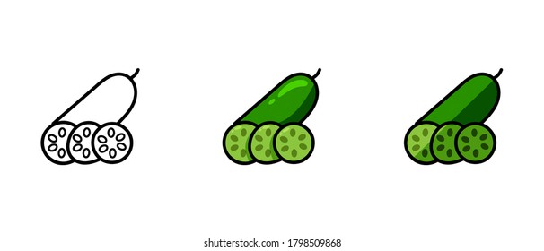 This is a set of icons with a different style of cucumber. Contour and colored symbols of a cucumber. Freehand drawing. Stylish solution for a website.