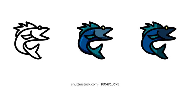 This is a set of icons with different style of fish. Contour and colored symbols of fish. Freehand drawing. Stylish solution for a website.