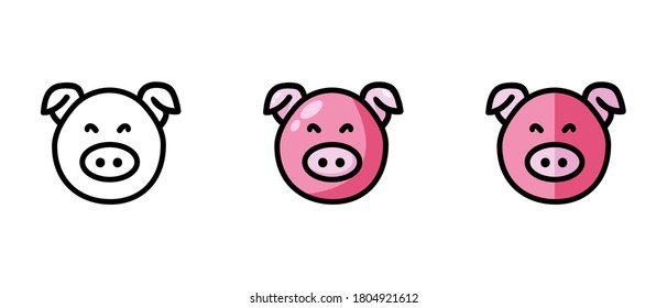 This is a set of icons with a different style of a pig. Outline and color symbols of a pig. Freehand drawing. Stylish solution for a website.