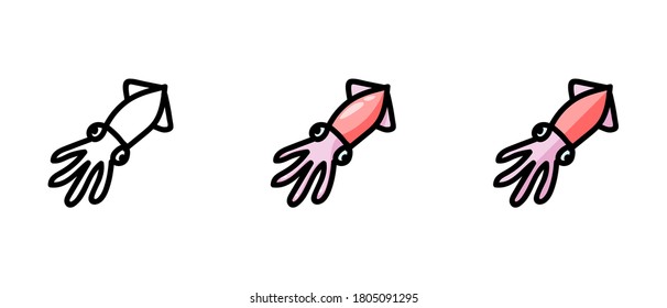 This is a set of icons with a different style of squid. Contour and colored symbols of squid. Freehand drawing. Stylish solution for a website.