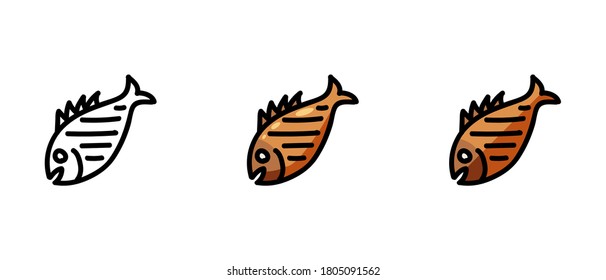 This is a set of icons with different style of grilled fish. Contour and colored grilled fish symbols. Freehand drawing. Stylish solution for a website.