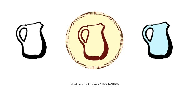 This is a set of icons with a different style of water jug. Outline, color and retro symbols of a jug of water. Freehand drawing, doodles. Stylish solution for website and label.