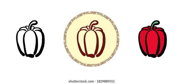 This is a set of icons with a different style of sweet pepper. Contour, colored and retro sweet pepper symbols. Freehand drawing, doodles. Stylish solution for website and label.