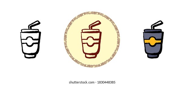 Este es un conjunto de íconos con un estilo diferente de vidrio de plástico con paja. Contorno, color y símbolos retro de un vidrio de plástico con. Dibujo a mano libre, garabatos. Solución elegante para el sitio web y la etiqueta