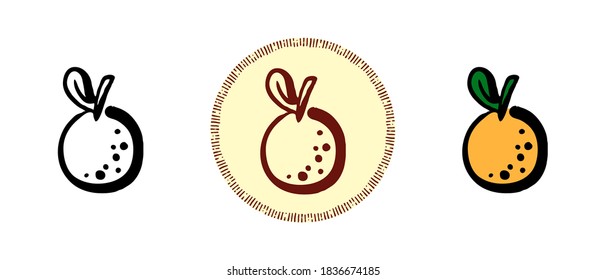 This is a set of icons with different style of orange. Contour, color and retro symbols of orange. Freehand drawing, doodles. Stylish solution for website and label.