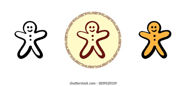 This is a set of icons with a different style of gingerbread man. Outline, colored and retro symbols of the gingerbread man. Freehand drawing, doodles. Stylish solution for website and label.