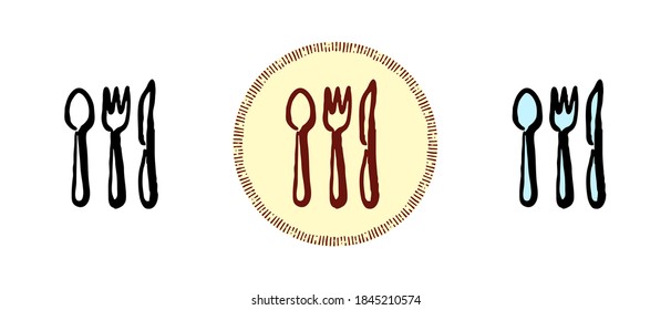 This is a set of icons with different style of cutlery. Outline, color and retro cutlery symbols. Freehand drawing, doodles. Stylish solution for website and label.