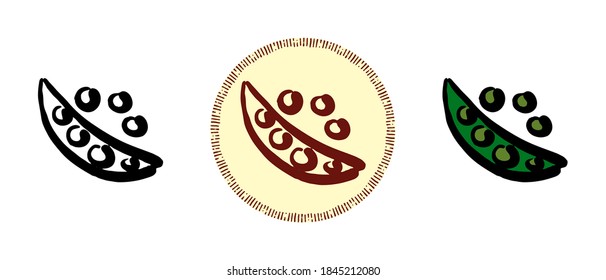Dies ist eine Reihe von Symbolen mit unterschiedlichem Erbstil. Umriss-, Farb- und Retro-Symbole von Erbsen. Freehand Zeichnung, Doodles. Stylische Lösung für Website und Label.