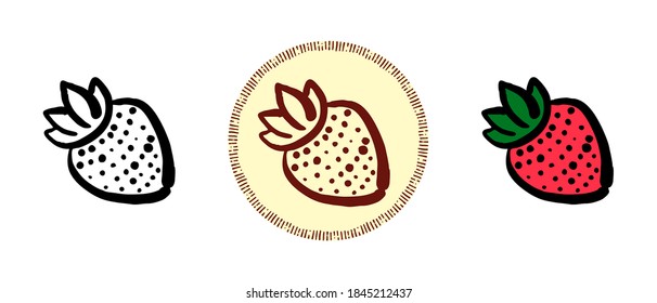This is a set of icons with different style of strawberry. Contour, color and retro symbols of strawberries. Freehand drawing, doodles. Stylish solution for website and label.